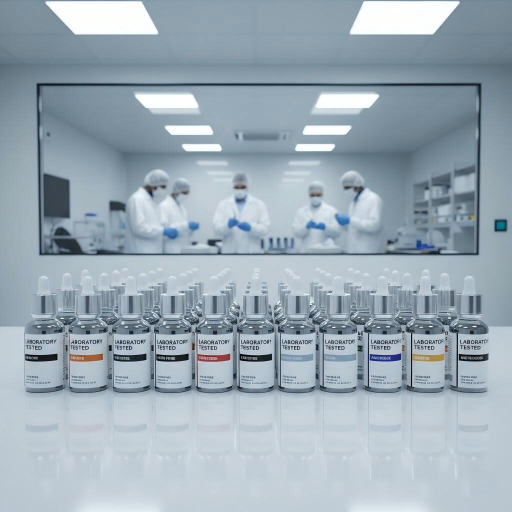 A wide-angle view of a high-end e-liquid production facility, featuring "Lipid-Free" lab-tested products and a professional team ensuring manufacturing excellence.