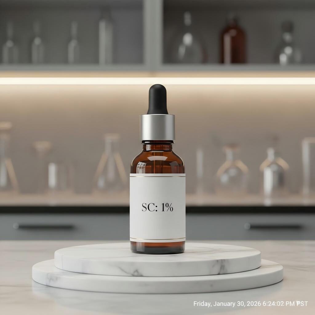 A premium glass bottle of "SC: 1%" flavor concentrate showcased on a marble pedestal, blending luxury aesthetics with high-tech laboratory science.