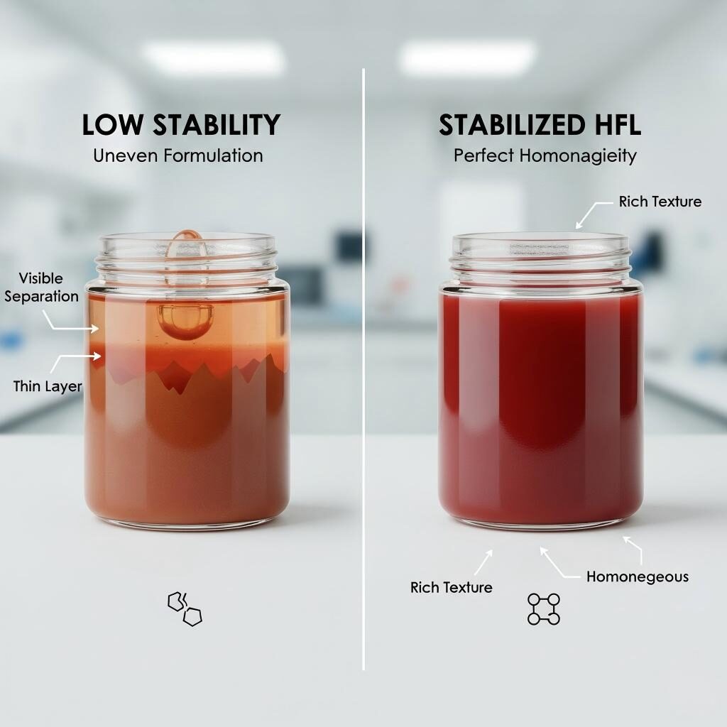 A professional split-screen infographic comparing a low-stability formulation with visible separation to a Stabilized HFL formulation showing perfect homogeneity and rich texture.
