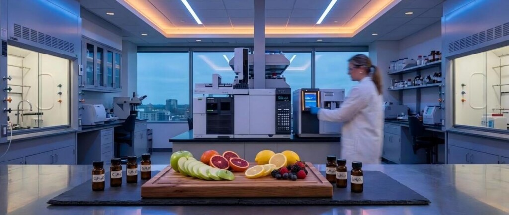 现代风味化学实验室的高端视图，配备气相色谱设备和用于香气特征分析的新鲜水果提取物。