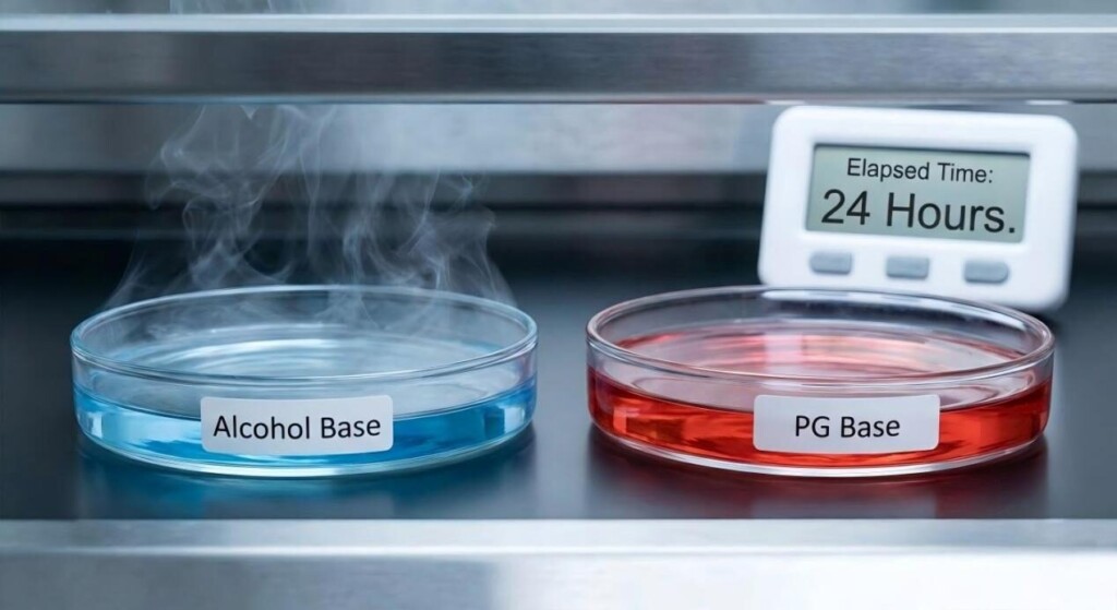 Une macrophotographie montrant l'évaporation rapide d'un liquide à base d'alcool par rapport à la stabilité d'un liquide à base de PG sur 24 heures.