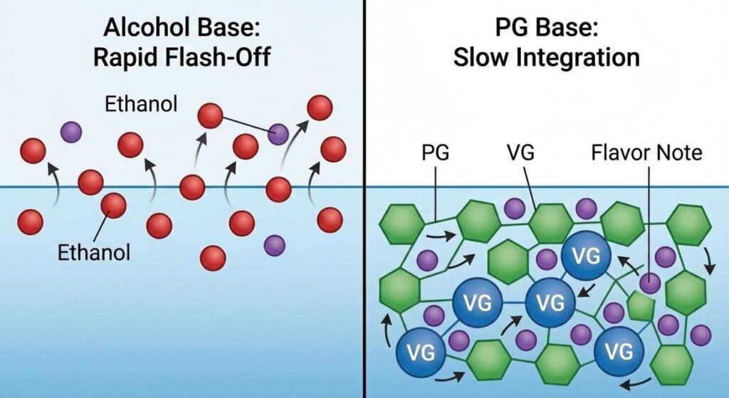 Un schéma technique illustrant comment les molécules d'arôme s'échappent rapidement avec les liquides à base d'alcool par rapport à une intégration lente dans les réseaux PG/VG.
