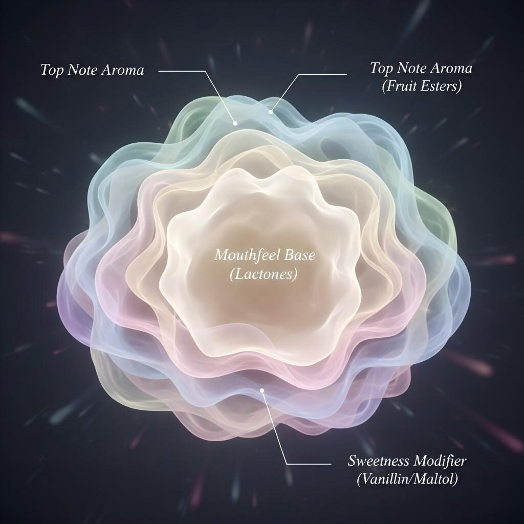 Una ilustración creativa en sección transversal de una nube de vapor, que demuestra la estructura en capas del sabor desde su base de sensación en boca rica en lactona hasta sus notas altas de éster afrutado.