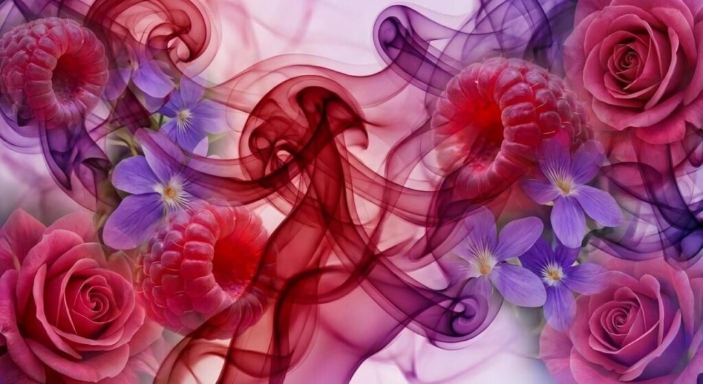 Утонченное абстрактное представление аромата, включающее элементы малины, фиалки и розы с элегантными завитками пара.