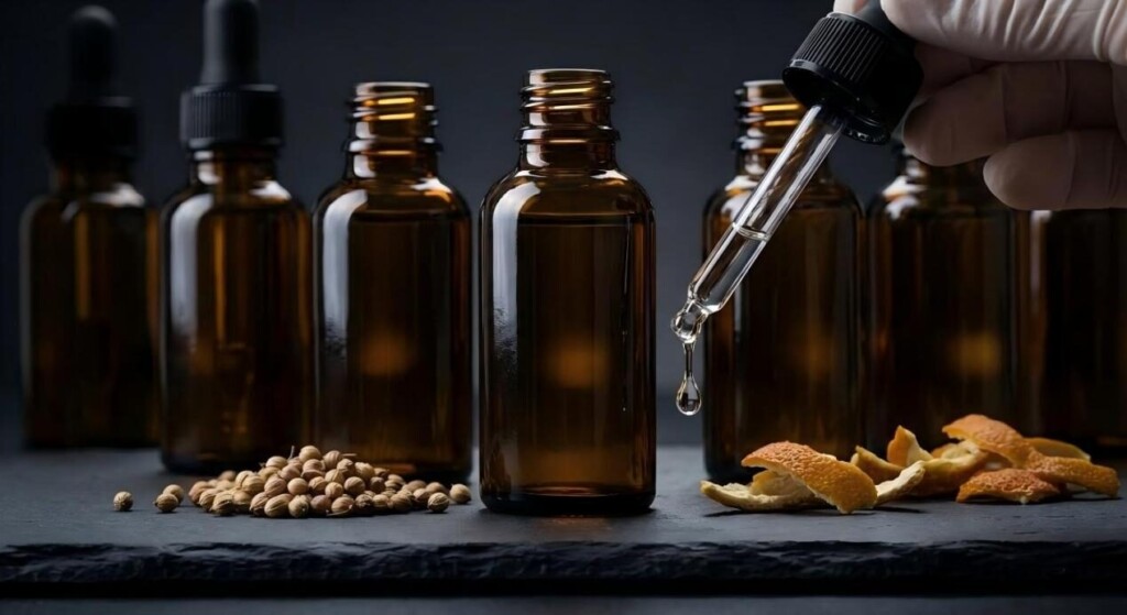 Угрюмый макроснимок профессиональных флаконов-капельниц из янтарного стекла, подчеркивающий высочайшее мастерство и растительную чистоту.