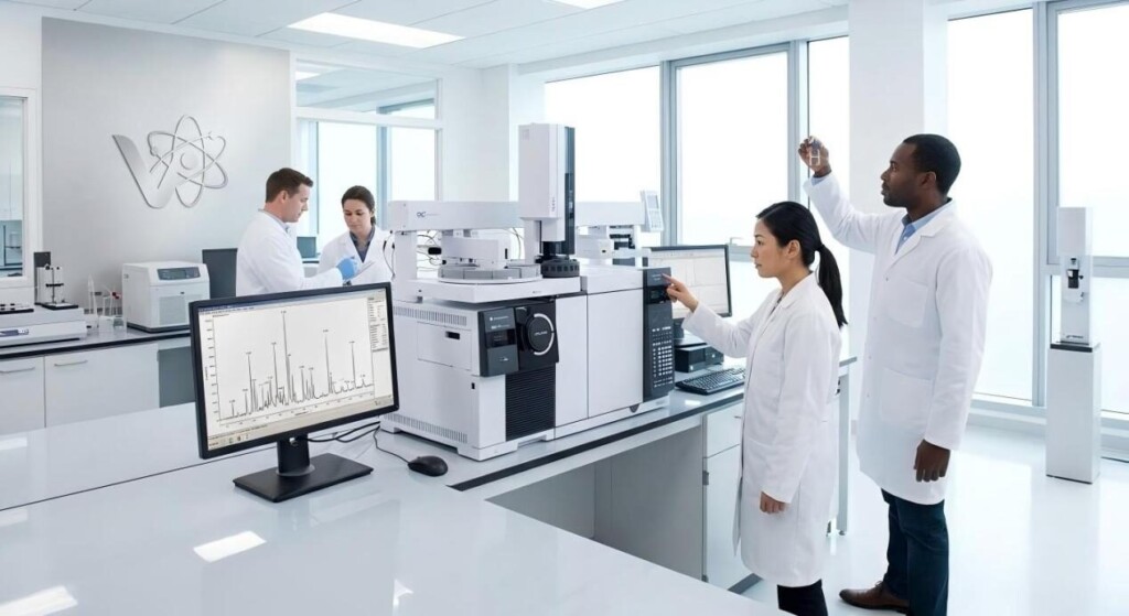 Широкий снимок разноплановой научной группы, использующей современное оборудование ГХ-МС для обеспечения точности и инноваций в области химии ароматизаторов.