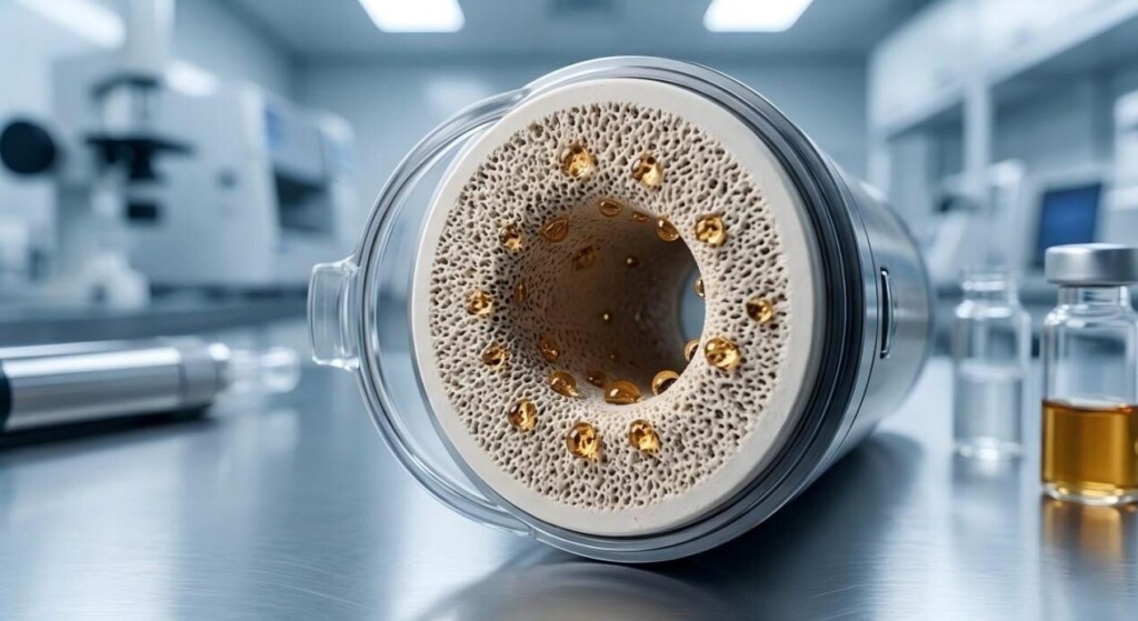 A high-resolution, extreme close-up photograph of a porous ceramic heating element showing individual amber e-liquid droplets resting on the surface to highlight contact angle.