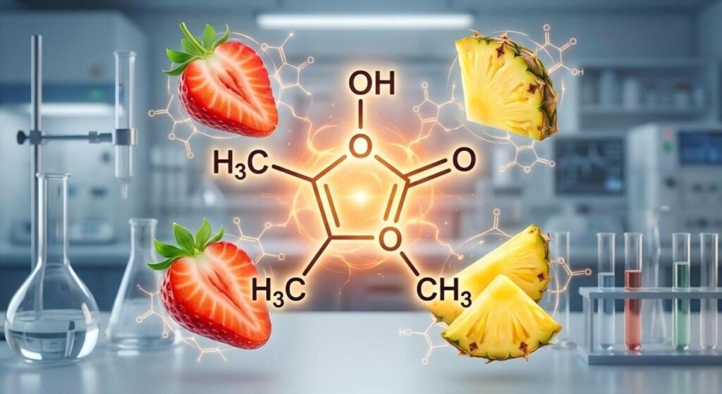 Discover the molecular power of furaneol. This vibrant scientific illustration explores how 2,5-dimethyl-4-hydroxy-3(2H)-furanone creates the signature sweet aroma found in ripe strawberries and pineapples.