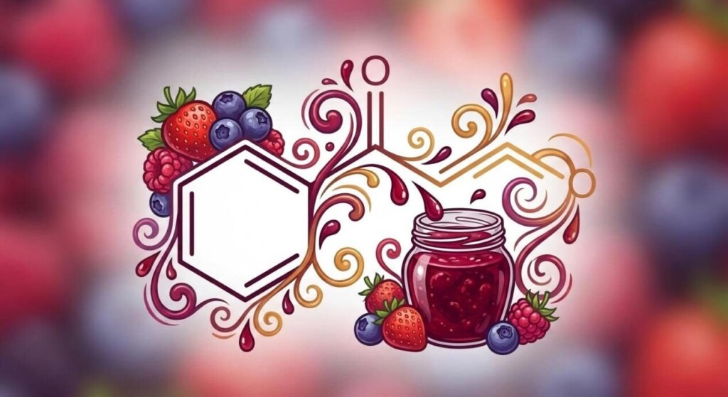 A creative graphic blending the chemical structure of Damascenone with artistic berry and jam illustrations.