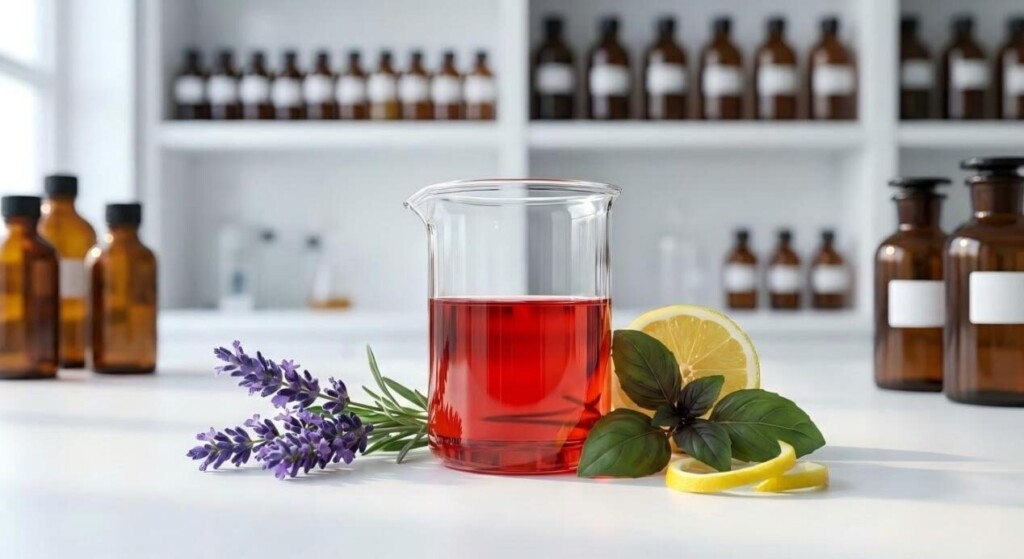 A high-end cinematic view of a modern flavor R&D laboratory featuring botanical elements and vibrant red e-liquid concentrates.