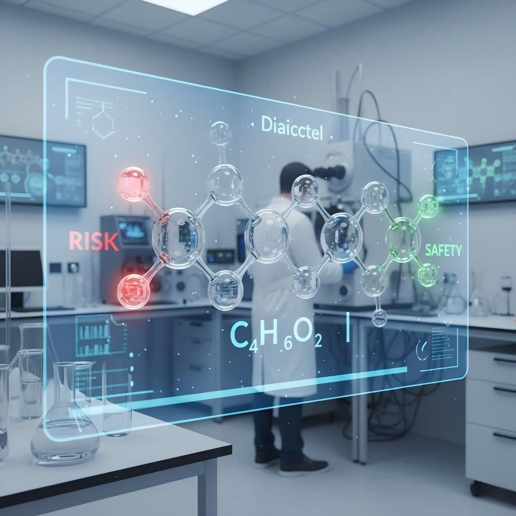 A high-tech visualization of Diacetyl (C4H6O2) displayed on a digital holographic interface. Set in a professional flavor-chemistry laboratory, this image highlights the transition from chemical risk to safety through advanced molecular analysis and Gas Chromatography.