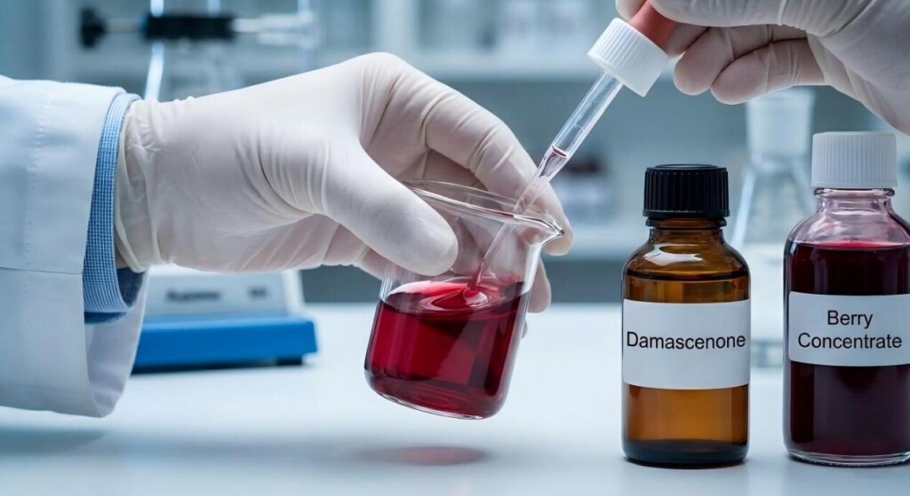 A close-up of precise laboratory mixing involving Damascenone and berry concentrates for flavor development.