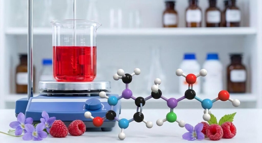 A professional laboratory beaker of red liquid alongside a Beta-Ionone model, blending chemistry with raspberry and violet floral notes.