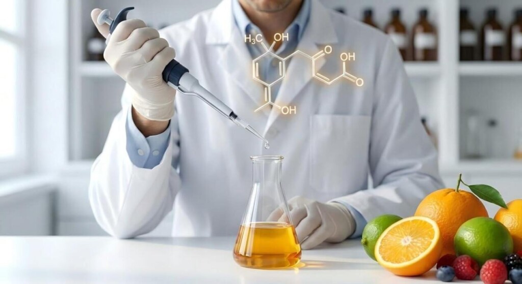 A technical visualization of a flavorist using a micropipette with a 3D Linalool molecular structure overlaying a citrus extract.