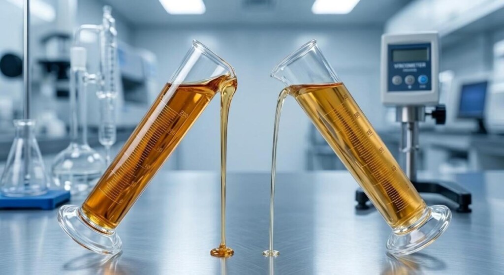 A laboratory photograph demonstrating the flow difference between two e-liquids: a thick, amber, cotton-optimized liquid and a smoother, thinner, ceramic-optimized formulation.