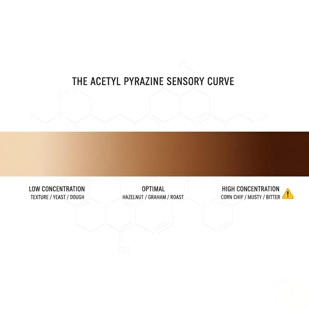 A minimalist infographic illustrating the sensory transition of Acetyl Pyrazine based on concentration鈥攔anging from bready textures to optimal nutty roasts and bitter over-saturation.