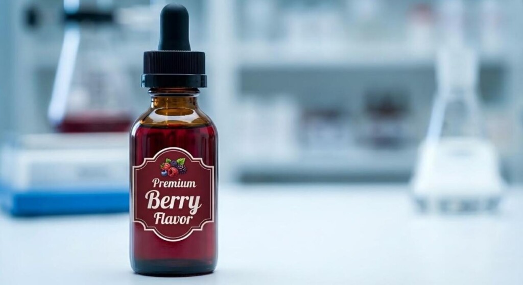 A high-quality shot of a premium berry-flavored e-liquid bottle, highlighting its rich color and professional branding.