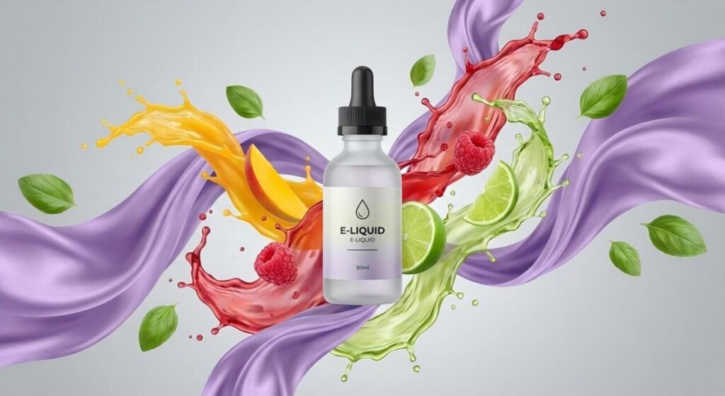 A conceptual commercial image showing a sleek e-liquid bottle surrounded by splashing fruit juices, lavender silk, and basil.