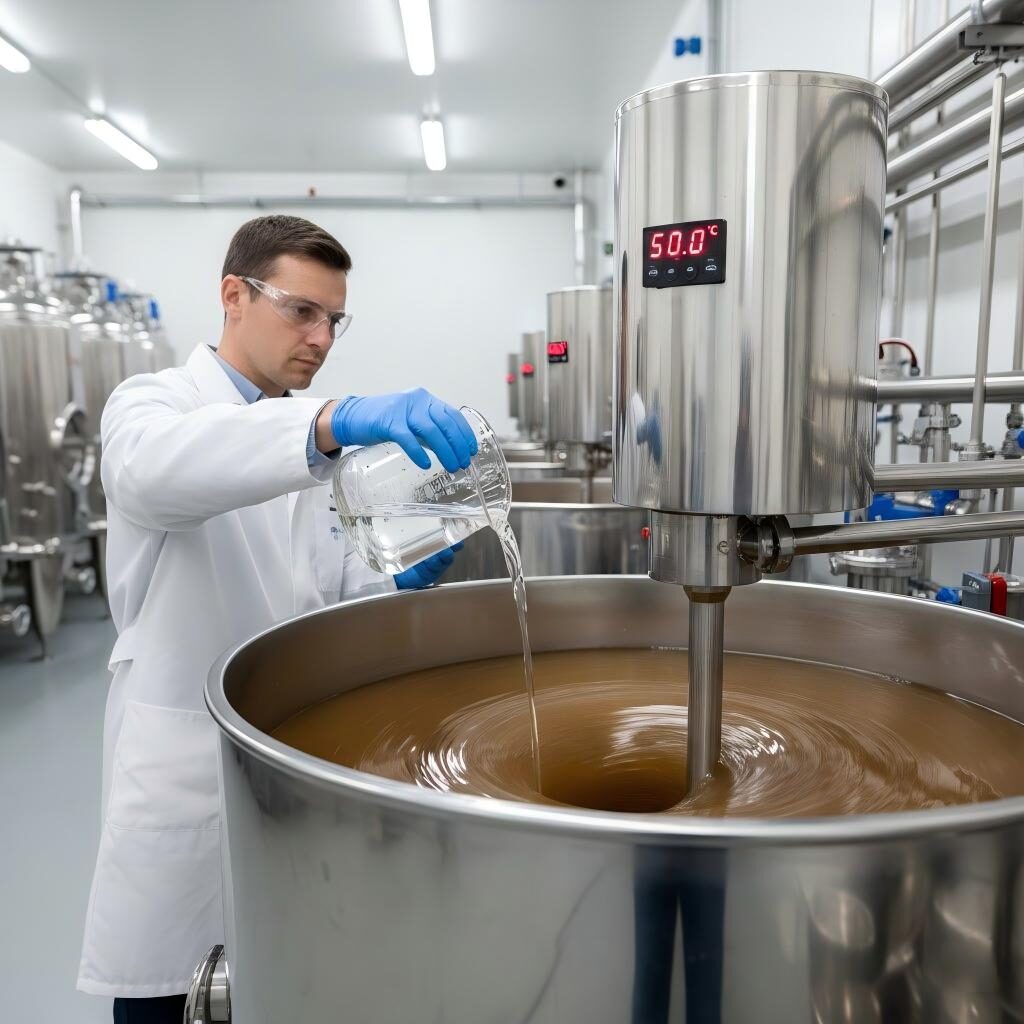A professional industrial photograph showing a lab technician pouring a menthol solution into a stainless steel mixing vessel at a precise 50.0掳C for e-liquid production.
