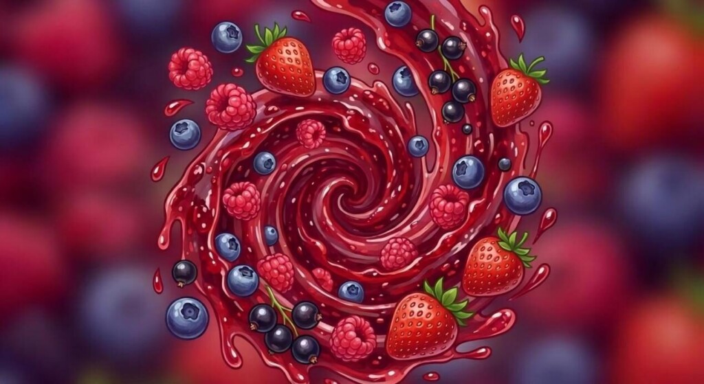 A vibrant artistic representation of mixed berries coalescing into a deep red vortex, symbolizing flavor complexity.