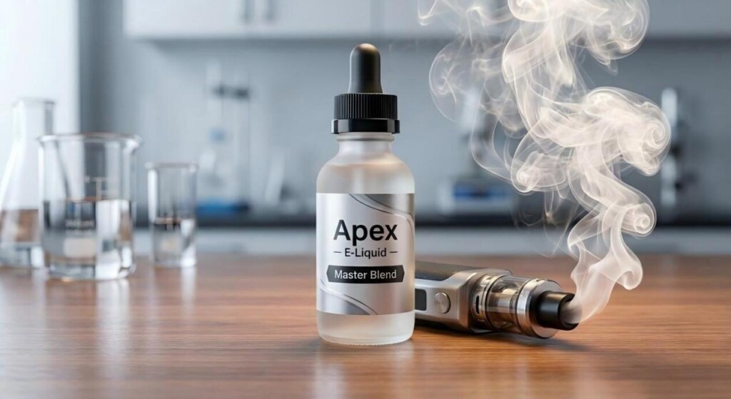 A sophisticated product shot of Apex E-Liquid - Master Blend featuring a sleek frosted bottle and a high-end vape device with a dense vapor plume.