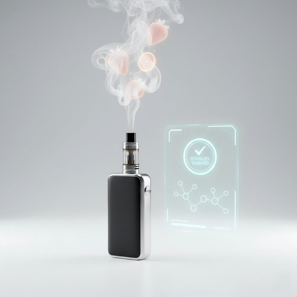 A minimalist studio shot of a high-end vaping device with fruit-infused vapor plumes and a holographic "Stability Verified" interface, emphasizing safety and quality.
