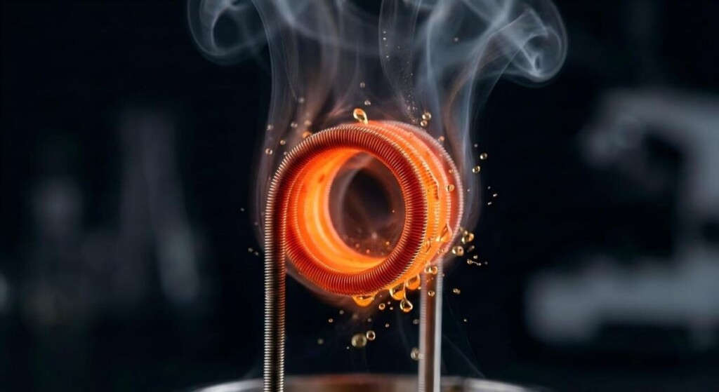 Una fotografía macro de alta resolución de la bobina de un cigarrillo electrónico Kanthal brillando en el momento de máxima activación, que muestra la física de la aerosolización del líquido electrónico.