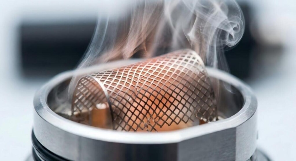 Una fotografía macro con gran detalle de un elemento calefactor de bobina de malla brillante que muestra la ingeniería de precisión del vapeo sub-ohm moderno.