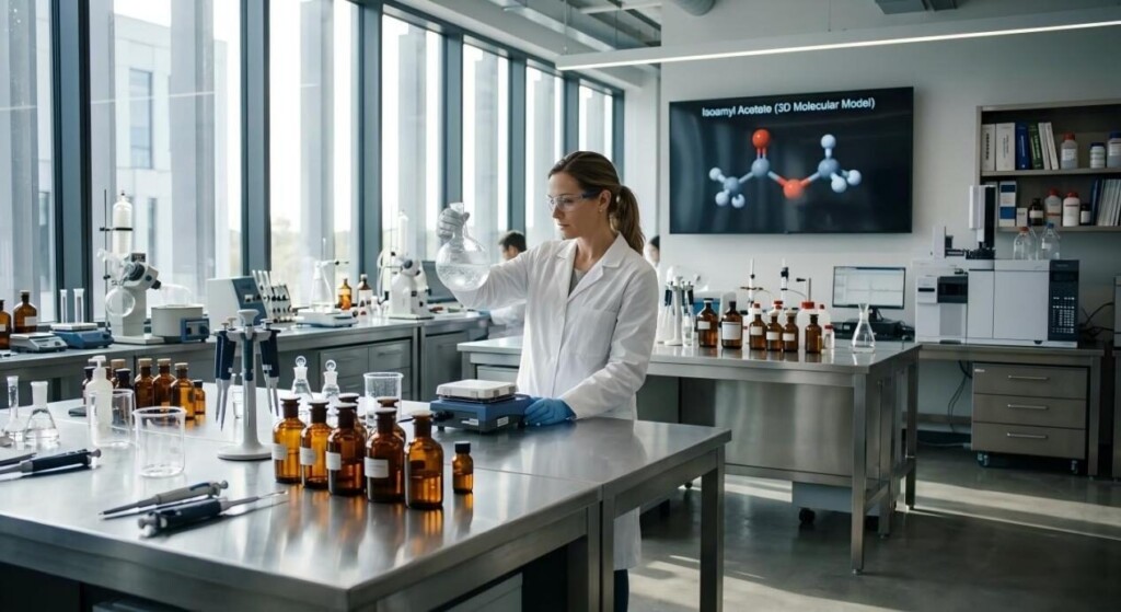 Una vista cinematográfica de un laboratorio de química de sabores moderno en el que un químico analiza el acetato de isoamilo para desarrollar un sabor de primera calidad.