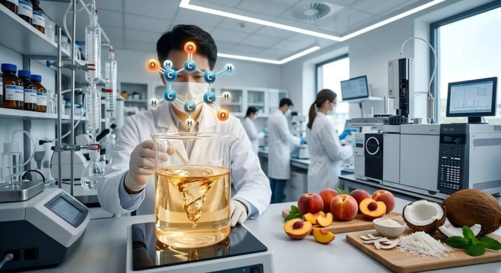 Un laboratoire d'arômes de haute technologie doté de modèles moléculaires numériques et d'équipements GC-MS professionnels pour la recherche avancée en science alimentaire.
