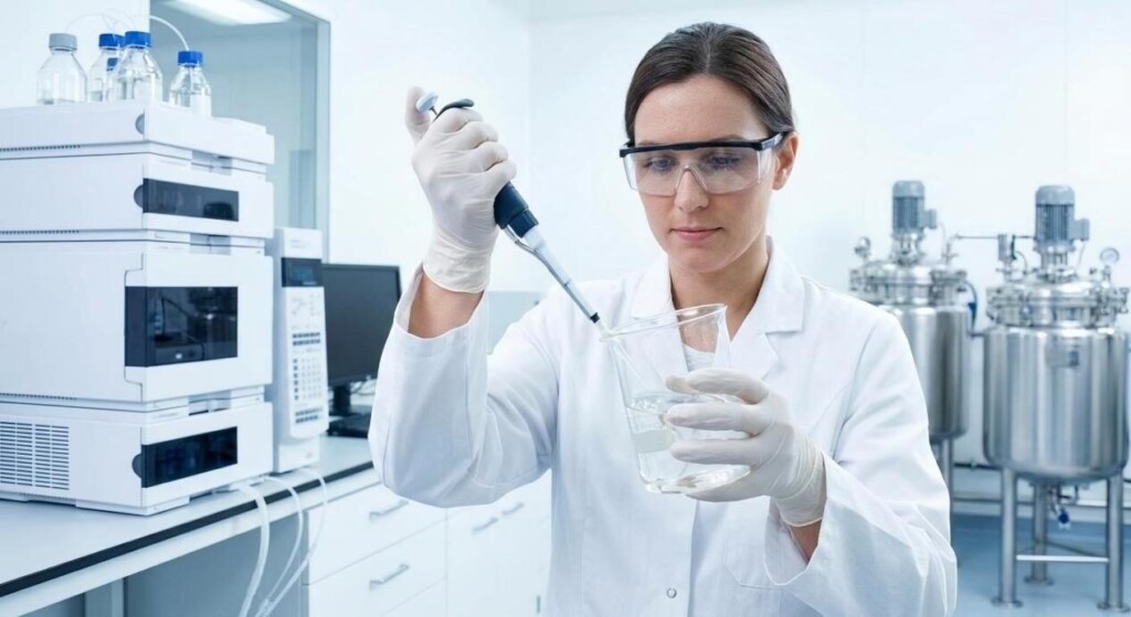 在高科技实验室环境中，科学家使用微量移液器测试透明、粘稠的调味浓缩物，强调顶级医药级质量和精度。