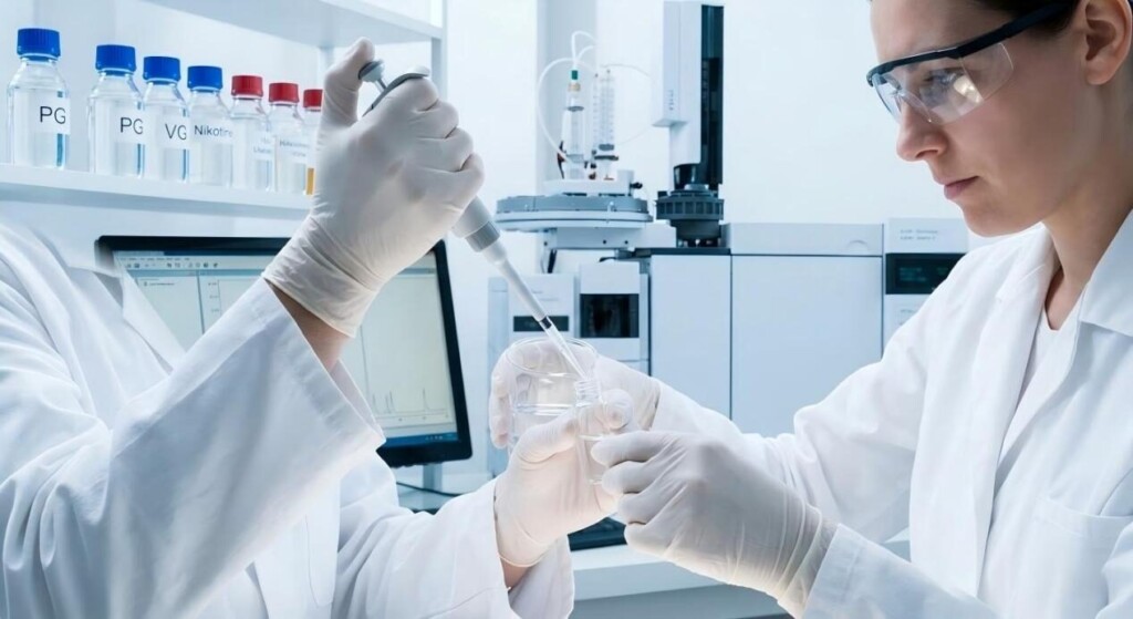 科学家在洁净的实验室环境中为电子烟液配方研究进行精密移液的专业特写。