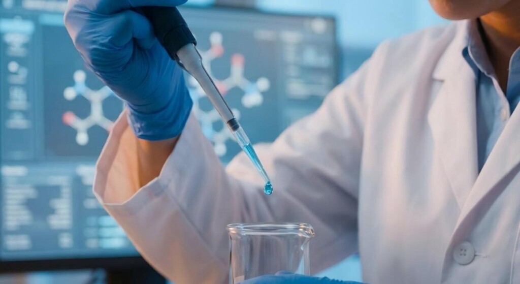 Un gros plan cinématographique d'un chimiste des arômes effectuant une formulation précise dans un laboratoire de haute technologie avec des structures moléculaires affichées en arrière-plan.