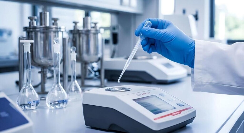 Высокотехнологичная лабораторная установка, на которой техник использует настольный рефрактометр для точного анализа вкуса жидкостей для электронных сигарет.