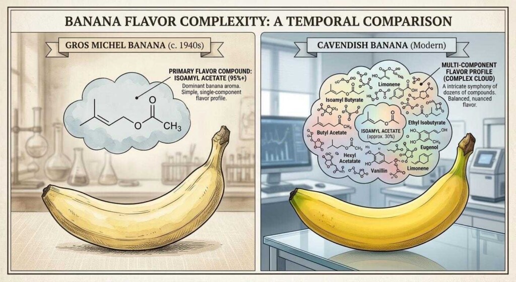 Una comparación educativa lado a lado del sabor simple de Gros Michel versus el complejo perfil molecular del plátano Cavendish moderno.
