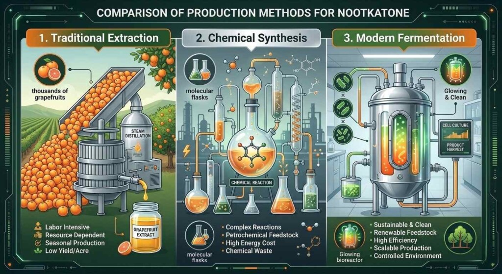 Une analyse de haute technologie de la façon dont nous nous approvisionnons en Nootkatone, comparant l'extraction traditionnelle à la fermentation moderne et durable.