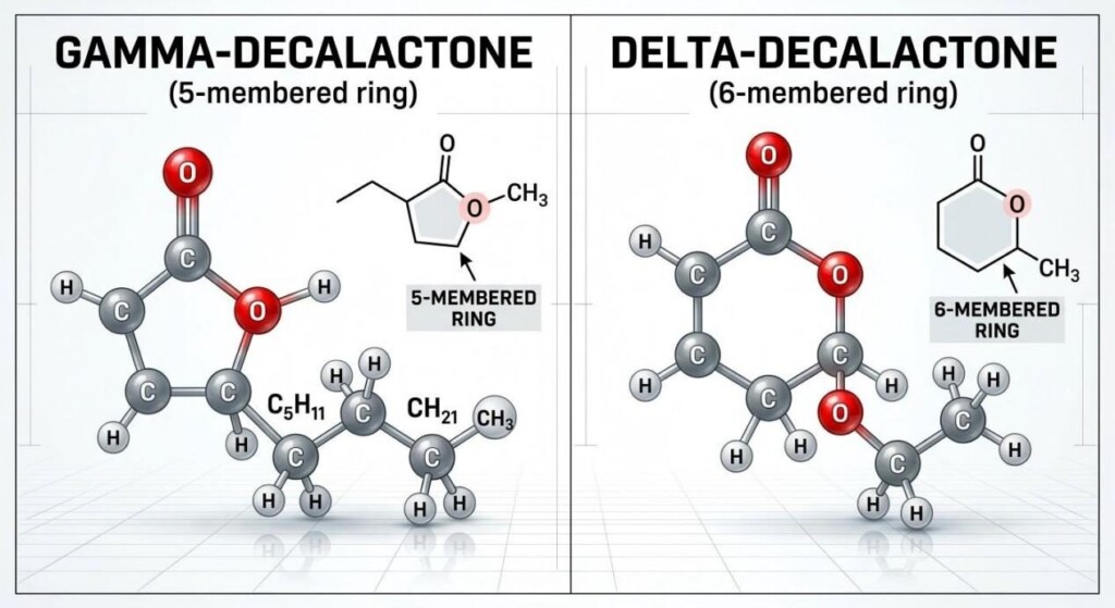 Un diagramme technique en forme de boule et de bâton en 3D comparant les structures moléculaires du Gamma et du Delta Decalactone pour l'enseignement de la chimie des arômes.