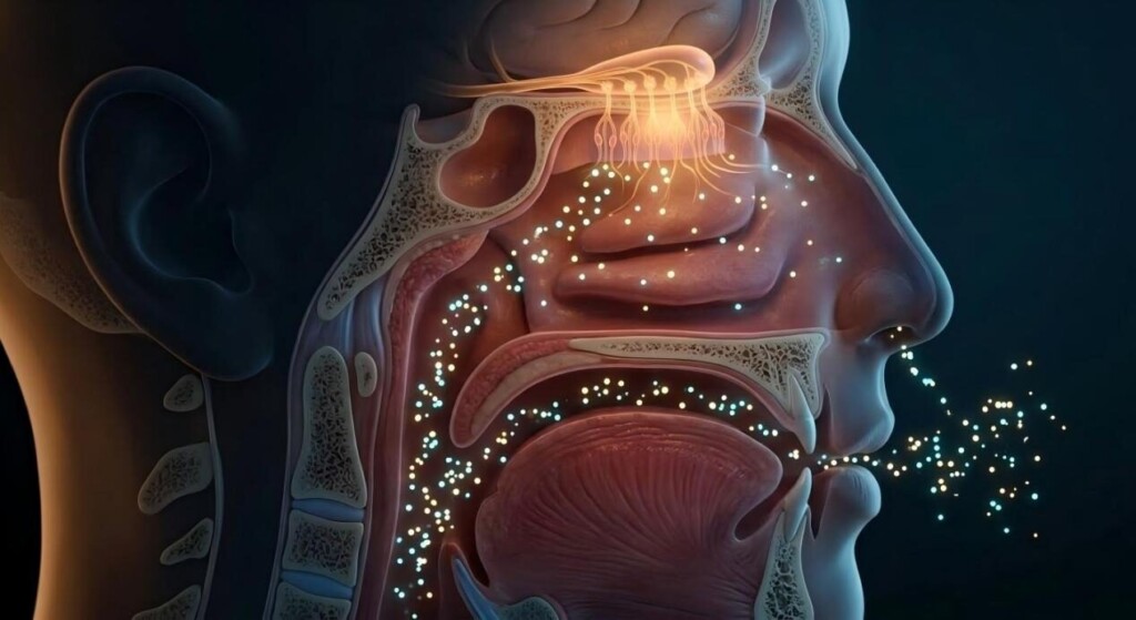Une illustration anatomique 3D détaillée montrant le chemin des molécules aromatiques à travers le passage rétronasal jusqu'aux récepteurs du bulbe olfactif.