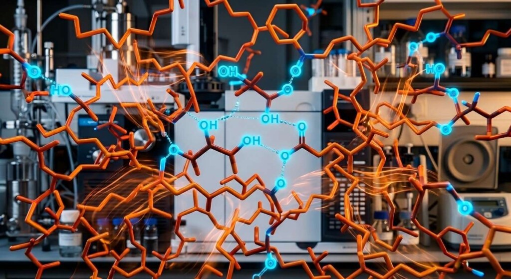 复杂的 3D 分子可视化展示了电子烟液基质内不同风味分子之间复杂的相互作用、能量场和排列。 (image_2.png)