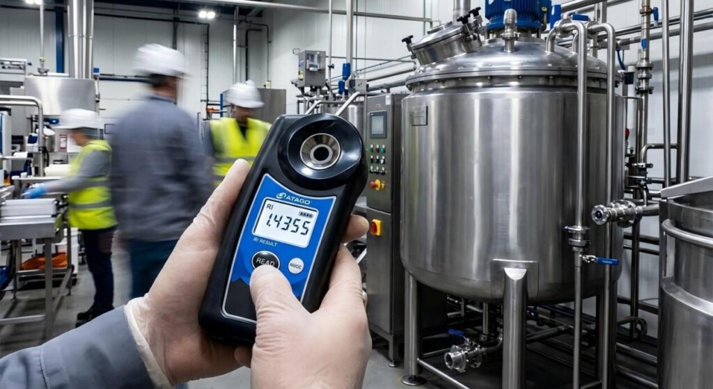 Техник выполняет тестирование показателя преломления в реальном времени на производстве с помощью цифрового портативного устройства.