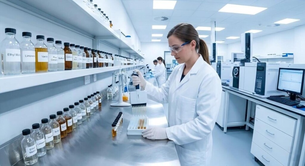 Una vista en sala limpia de un químico de sabores profesional que utiliza equipos de precisión para formular concentrados de e-líquidos de primera calidad.