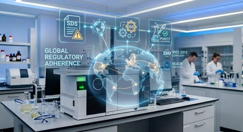 Профессиональная графика, демонстрирующая соблюдение глобальных нормативных требований, с сертификатами ISO и протоколами безопасности для международного распространения химических веществ и никотина.
