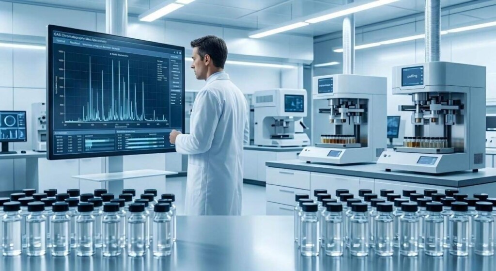 Dentro de un laboratorio de I+D futurista donde los químicos utilizan cromatografía de gases-espectrometría de masas para garantizar la estabilidad térmica y la seguridad en formulaciones de e-líquidos.