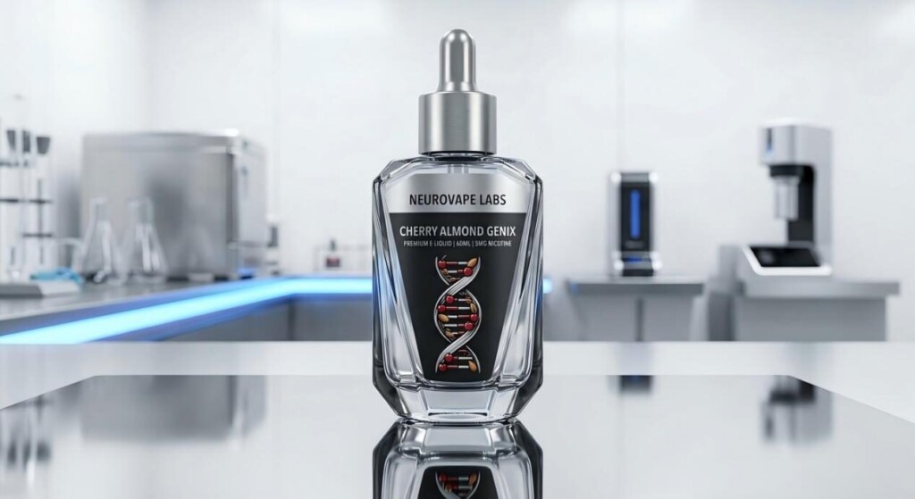 时尚、简约的电子烟液瓶，标签上带有风格化的樱桃和杏仁 DNA 螺旋，设置在原始的高科技实验室环境中。