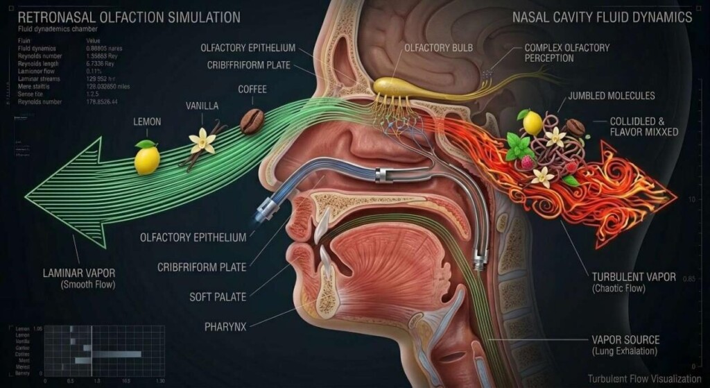Une infographie pédagogique montrant comment les flux de vapeur laminaires et turbulents affectent la délivrance des molécules aromatiques au système olfactif humain.