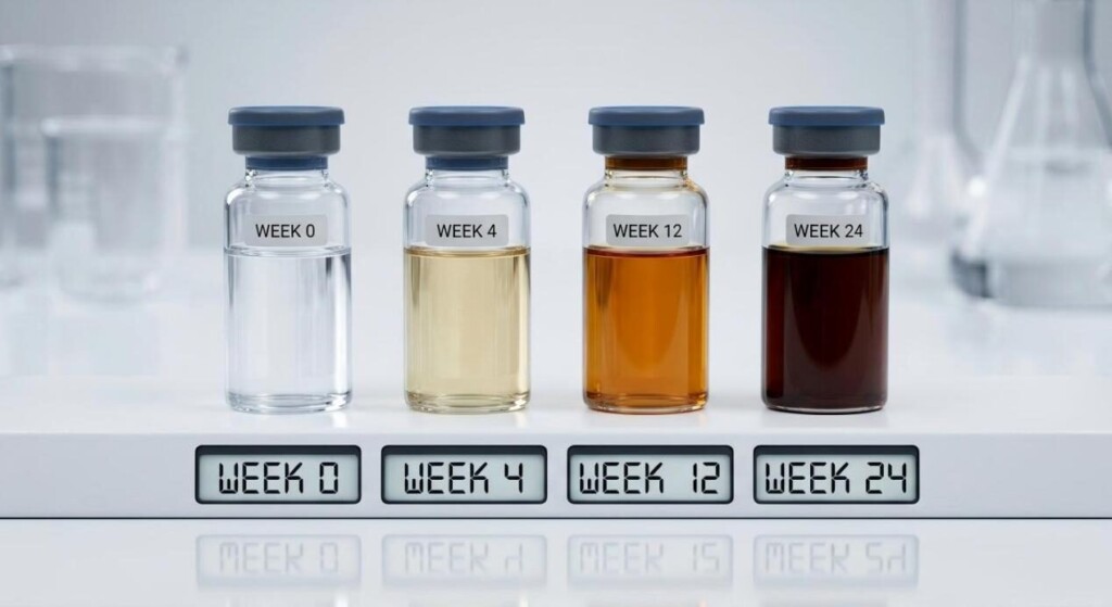 四个玻璃瓶的宏观照片，显示了 24 周内液体从透明到深桃花心木的自然颜色变化。