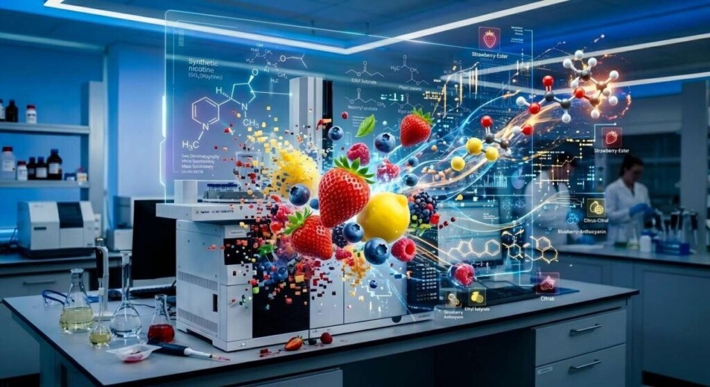 Яркая визуализация свежих фруктов, переходящих в высокотехнологичную молекулярную сетку, представляющую собой пересечение естественного вкуса и научных формул.