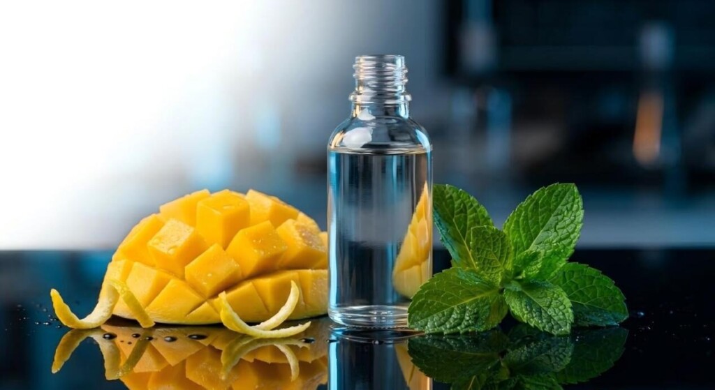 Une photo de produit professionnelle présentant une bouteille d'e-liquide transparente entourée de mangue fraîche, de menthe et de citron, symbolisant des molécules aromatiques de haute qualité.