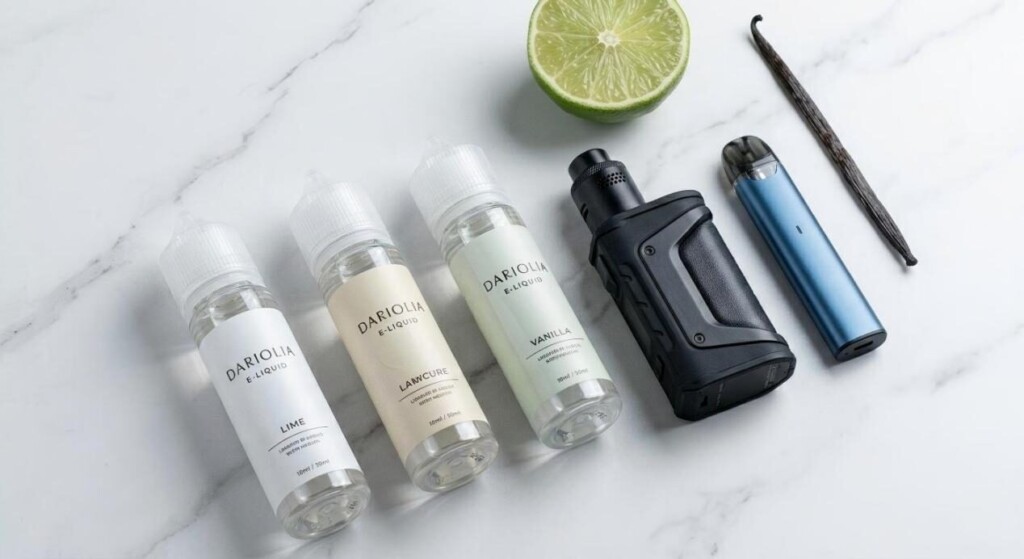 Гладкая профессиональная плоская фотография, демонстрирующая бутылки с жидкостью для электронных сигарет премиум-класса рядом с высококлассными устройствами для вейпинга Sub-Ohm и MTL на минималистской мраморной поверхности.