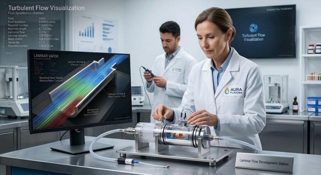 Un laboratoire de R&D professionnel mettant en vedette un aromatiste utilisant des plates-formes modulaires imprimées en 3D pour optimiser le flux laminaire pour une diffusion de saveur supérieure.